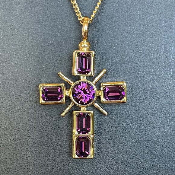 Camrose & Kross JBK Purple Rhinestone Reversible Cross Goldtone COA Original Box - Picture 7 of 10
